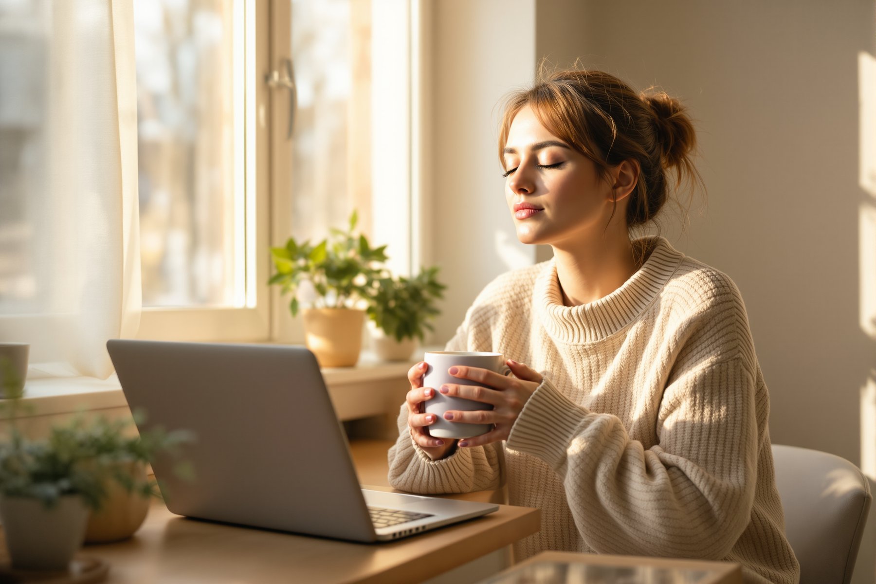 Persona serena en su entorno laboral con una taza de té